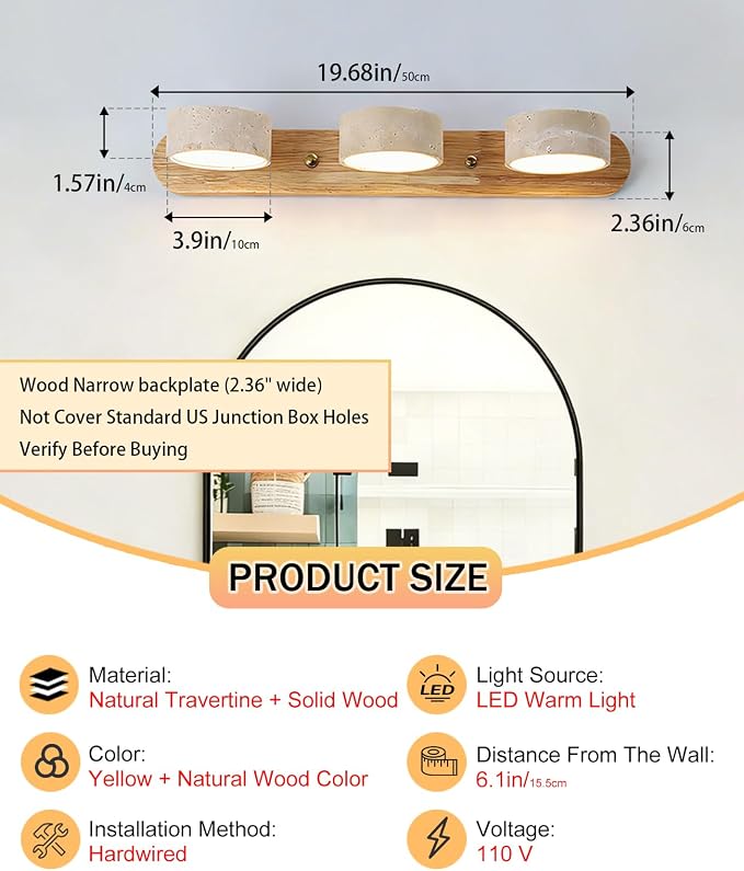 Natural Wood Vanity Light, 19.7 Inches Nordic Style Farmhouse Vanity Lights for Bathroom Wabi Sabi Travertine Wall Sconce with 360° Rotatable Natural Stone Lampshade and Wooden Base (3 Lights)
