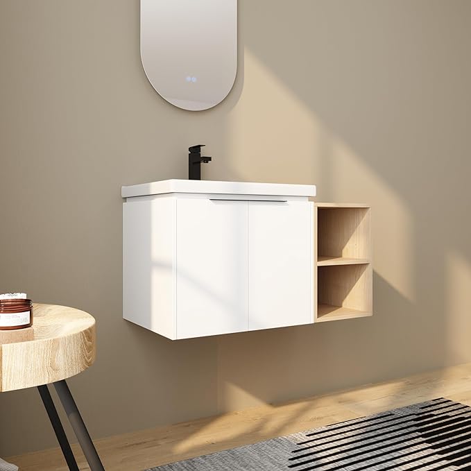 36 Inch Bathroom Vanity with Sink Combo,Wall-Mounted Bathroom Vanity with Soft Close Doors&2 Side Shelf,Modern Floating Bathroom Vanity with Top Basin & Storage Cabinet,White