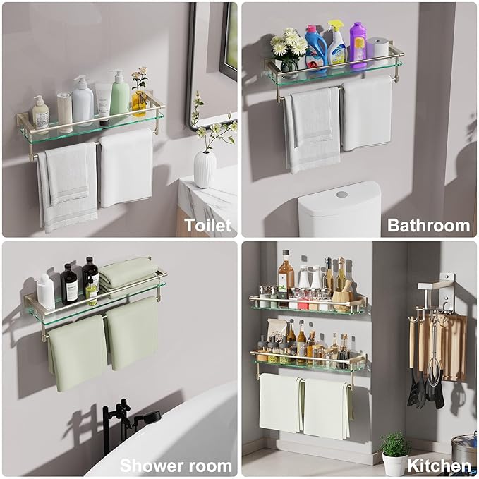 Glass Bathroom Shelf with Towel Bar, Stainless Steel Tempered Towel bar/Track Glass Bathroom Shelves Wall Mount Over The Toilet (Brushed Nickel, 20-inch)