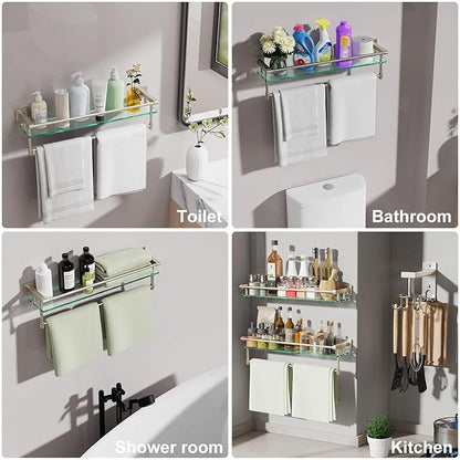 Glass Bathroom Shelf with Towel Bar, Stainless Steel Tempered Towel bar/Track Glass Bathroom Shelves Wall Mount Over The Toilet (Brushed Nickel, 20-inch)