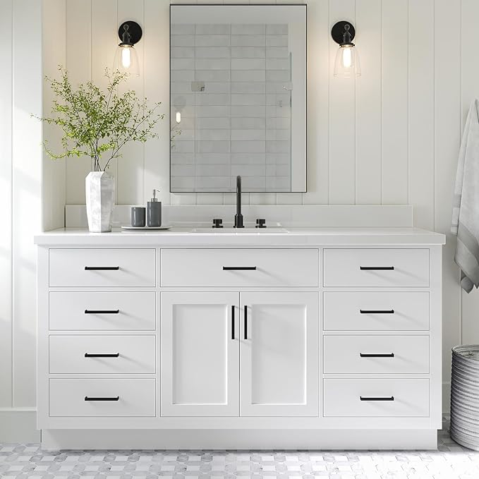 ARIEL Hepburn 66-inch Bathroom Vanity Base Cabinet,Solid Wood, 2 Soft Closing Doors, 9 Dovetail Drawers, White