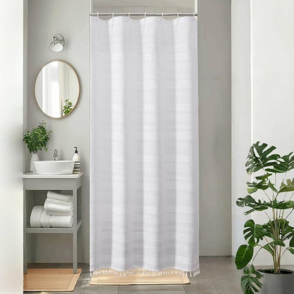White Boho Stall Shower Curtain, Narrow Soft Fabric Striped Textured Bathroom Shower Curtain with Tassel, Modern Farmhouse Machine Washable Bath Decor, White, 36Wx72L Inches