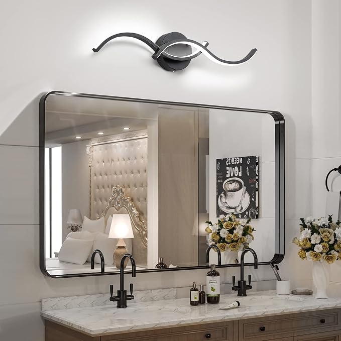 EDISLIVE Modern Wave LED Vanity Light Dimmable Modern Led Vanity Light Fixtures Linear Wall Sconce with Acrylic Strip Shade，24 in LED Vanity Lights for Bathroom Bedroom Makeup Living Room, Black