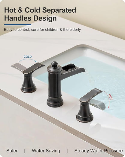 4-16 Inch Oil Rubbed Bronze Waterfall Bathroom Faucet 3 Hole, Brass Bathroom Sink Faucet 2 Handles Widespread with Pop-up Drain & cUPC Supply Hoses for Vanity, Lavatory, Restroom, Farmhouse