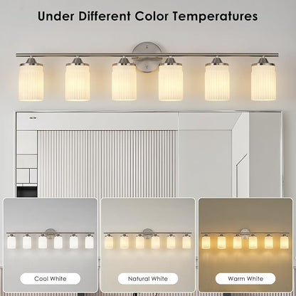 Jonsi Nickel Bathroom Light Fixtures 6-Light Vanity Lights Modern Wall Sconce with Milk White Shade Brushed Nickel Bathroom Light Fixture Over Mirror for Bedroom Hallway Kitchen