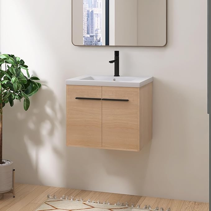 24" Floating Bathroom Vanity,24 Inch Bathroom Vanity with Sink,Single Sink Wall Mounted Vanity Combo,Brown Wall Mounted Cabinet Set