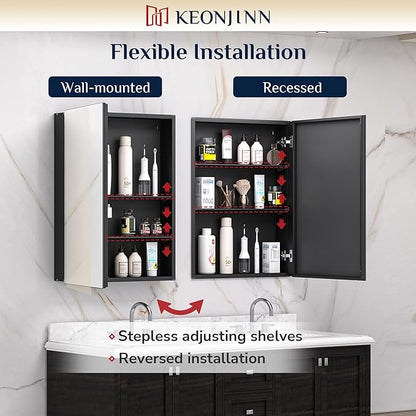 Keonjinn Black Medicine Cabinet with Mirror 20" x 26", Lightweight Aluminum | Assembly Required, Adjustable Shelves, Safe Tempered Glass, Wall Mount or Recessed, Soft Close, Bathroom Mirror with Storage
