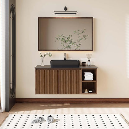 36" Modern Floating Bathroom Vanity with Single Sink - Wall Mounted Storage Bathroom Cabinet with Black Sintered Stone Countertop| Large Storage Space & Open Shelves, Dark Wood