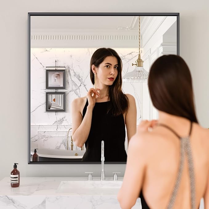 LOAAO Black Bathroom Mirror 30"X30" | Tempered Glass, Hangs Vertically or Horizontally, Easy to Install, Modern Design