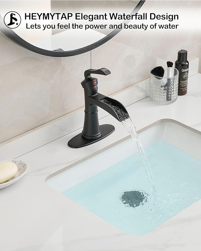 Brass Waterfall Bathroom Faucet Black, Single Handle Bathroom Sink Faucet 1 Hole, 4 Inch Bathroom Faucets 3 Hole with Deck Plate, Pop-up Drain and Supply Hoses