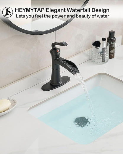 Brass Waterfall Bathroom Faucet Black, Single Handle Bathroom Sink Faucet 1 Hole, 4 Inch Bathroom Faucets 3 Hole with Deck Plate, Pop-up Drain and Supply Hoses