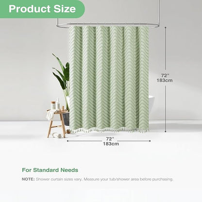 Dynamene Boho Farmhouse Shower Curtain, Sage Green Fabric Tufted Chevron Striped Textured Tassel Shower Curtains for Bathroom, Water Repellent, Minimalist Cloth Shower Curtain Set with Hook, 72x72