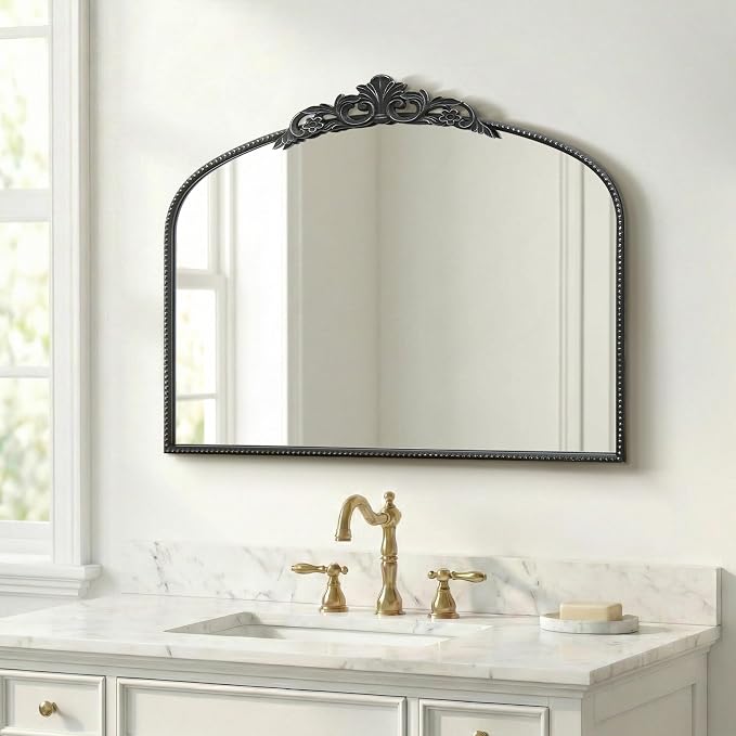 Micasso Vintage Black Wall Mirror: 40"x29" Baroque Antique Arched Mirror | Traditional Ornate French Decorative Mirror for Bedroom/Bathroom/Fireplace/Entryway/Hallway/Dresser/Vanity/Mantel/Nightstand