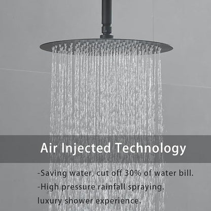 Matte Black Ceiling Mount Round Rain Shower System with 16 Inch Shower Head and Handheld Bathroom Shower Set Contain Shower Faucet Trim Kit (Mixer Valve Included)