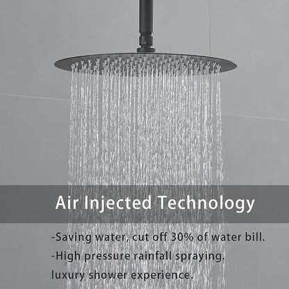 Matte Black Ceiling Mount Round Rain Shower System with 16 Inch Shower Head and Handheld Bathroom Shower Set Contain Shower Faucet Trim Kit (Mixer Valve Included)