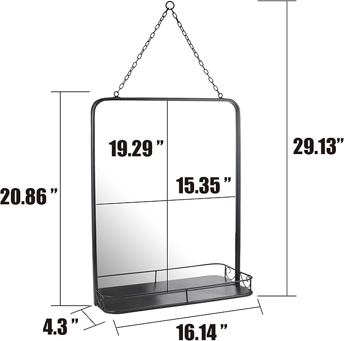 Stonebriar 21" x 16" Rectangle Black Metal Wall Mirror with Hanging Chain and Shelf, Decorative Industrial Decor for the Living Room, Bedroom, Bathroom, Hallway, and Entryway