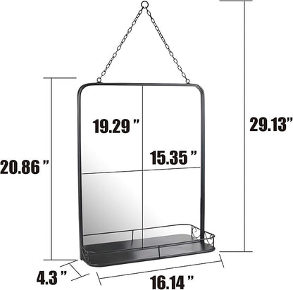 Stonebriar 21" x 16" Rectangle Black Metal Wall Mirror with Hanging Chain and Shelf, Decorative Industrial Decor for the Living Room, Bedroom, Bathroom, Hallway, and Entryway