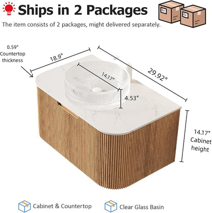 30" Floating Bathroom Vanity with Sink, Natural Solid Wood Modern Bathroom Cabinet with Ultra-Thin Round Crystal Glass Basin and Marble Top, Soft-Close Drawer, Pre-Assembled, Dark Walnut