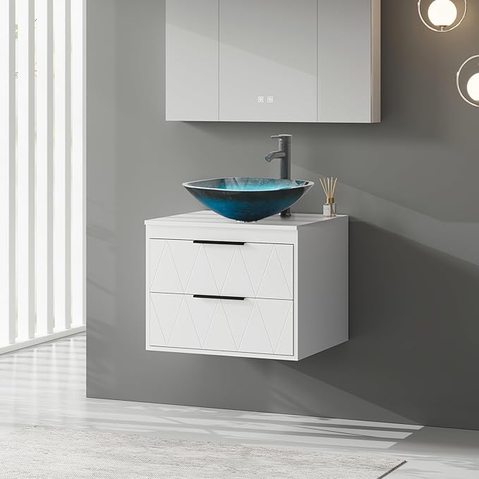 eclife 24" Floating Bathroom Vanities with Sink Combo, Wall Mounted Modern Cabinet W/Diamond Line Pattern Design, Turquoise Square Glass Vessel Sink W/Water Save Faucet & Pop Up Drain, White