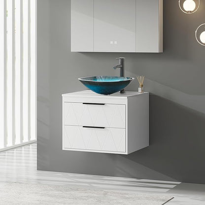 eclife 24" Floating Bathroom Vanities with Sink Combo, Wall Mounted Modern Cabinet W/Diamond Line Pattern Design, Turquoise Square Glass Vessel Sink W/Water Save Faucet & Pop Up Drain, White