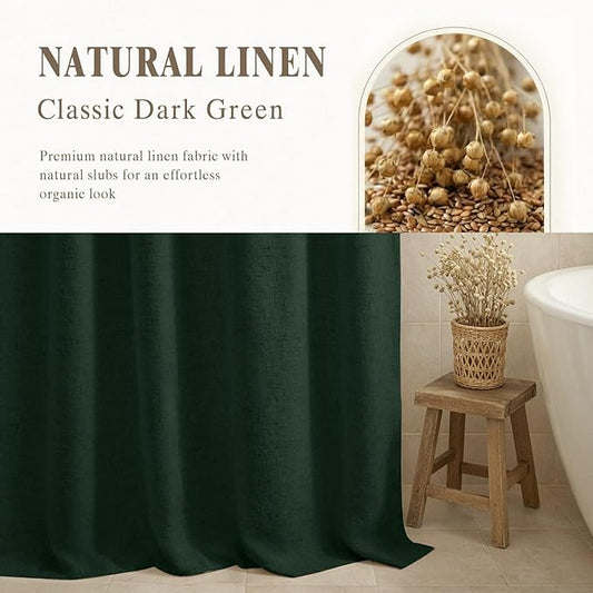Linen Shower Curtain Dark Green, Fabric Boho Farmhouse Shower Curtains for Bathroom Cotton Natural Cloth Liner Set 72" W x 72" L