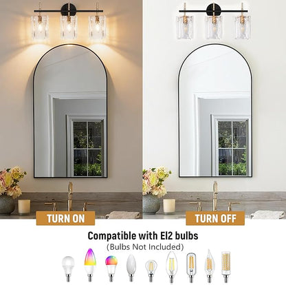 3-Light Bathroom Vanity Lights Over Mirror, Black and Gold Bathroom Light Fixture with Clear Glass Shade, Modern Bathroom Wall Sconce Lighting for Mirror, Living Room, Adjustable (E12)