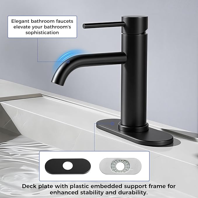 Bathroom Sink 1 Hole Single Handle Lever Faucets Stainless Steel | Pop Up Drain,Deck Plate,Flexible Hoses,1 or 3 Hole,Modern,for Vanity RV Bath Basin Wash Room Restroom Home,Matte Black
