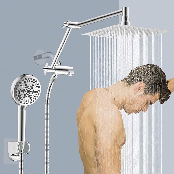 Metal Rain Shower Head with Handheld, 8“ High-Pressure Showerhead,10-Mode | Chrome, Rainfall Shower Head with 5" Large Handheld Spray, Adjustable 16" Shower Extension Arm/71" Hose, Brass 3-Way Diverter