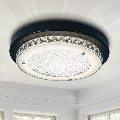 Flush Mount Ceiling Light Fixture 11 Inch Black LED Dimmable Ceiling Lights K9 Crystal Round Light Fixtures Ceiling Mount for Bedroom Bathroom Kitchen