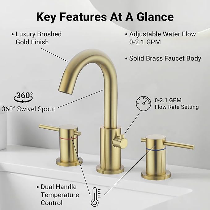 Bathroom Faucet 3 Hole Brushed Gold - Flow-Setting 8 Inch Widespread Bathroom Sink Faucet with 360° Swivel Spout for Small Vanity, with Overflow Pop Up Drain and cUPC Waterlines