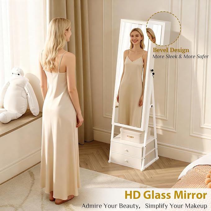 Bonnlo LED Jewelry Cabinet Armoire, Lockable Standing Mirror with Jewelry Storage, Full Length Mirror with 2 Drawers, Large Capacity Jewelry Organizer for Women, Gift Idea, White
