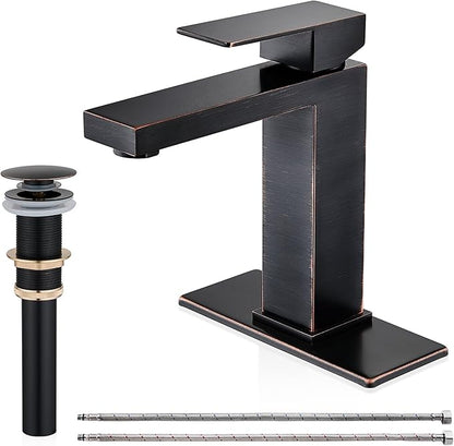 Oil Rubbed Bronze Bathroom Faucet, Single Hole Vanity Bath Faucet, Single Handle Modern Stainless Steel Bathroom Faucets for Sink 1 Hole with Pop Up Drain Stopper & Water Supply Hoses