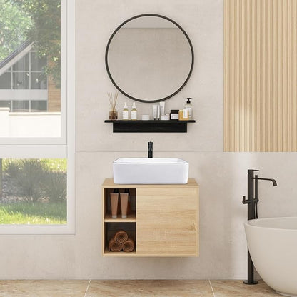 YOURLITE Cabinet Vanity, 24' White Ceramic Sink, Wall-Mounted, Floating Bathroom Cabinet with Mirror, Shelves & Faucet, 23.6x18.9x17(LxWxH)in