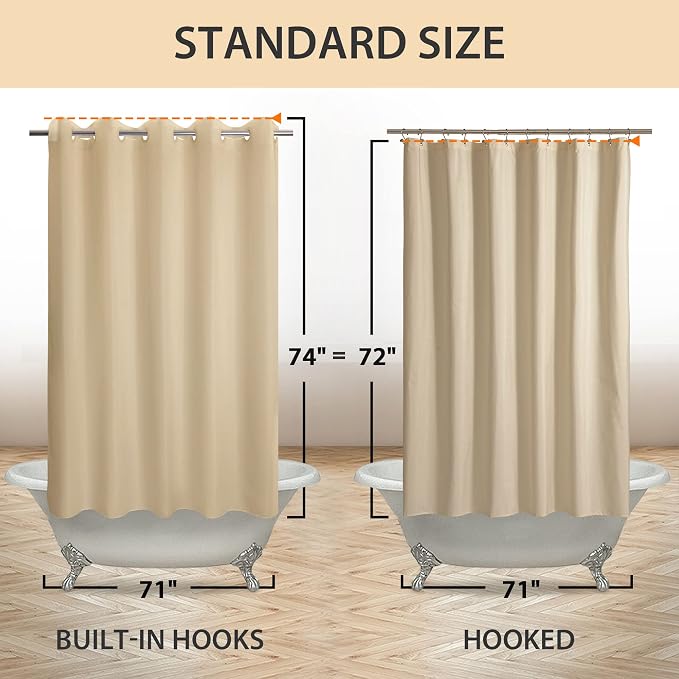 River Dream No Hook Hotel Cloth Shower Curtain Beige, Standard Size | Waterproof Microfiber, Bottom Magnets, Soft Washable Fabric Shower Curtain or Liner, 71W x 74H