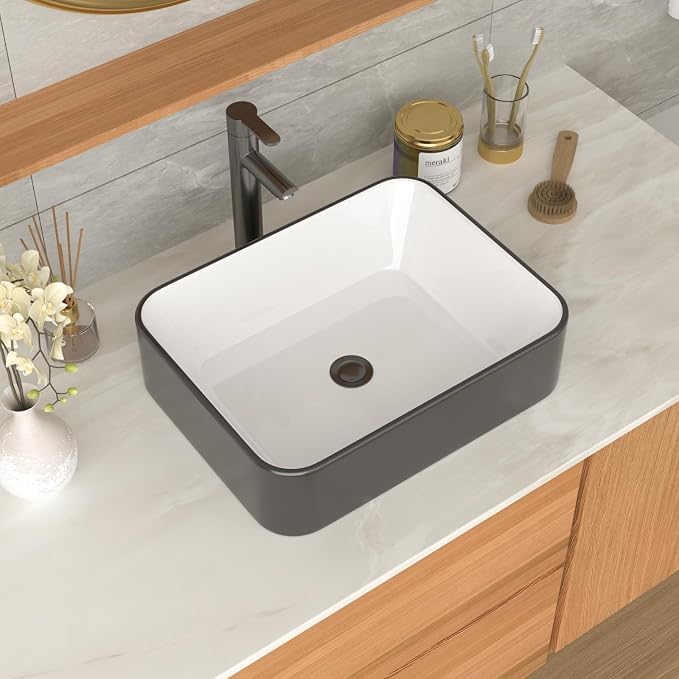 Bathroom Vessel Sink Ceramic Art Basin Above Counter White and Black | 19"x15" Rectangular Bathroom Sink Porcelain Vessel Vanity Sink