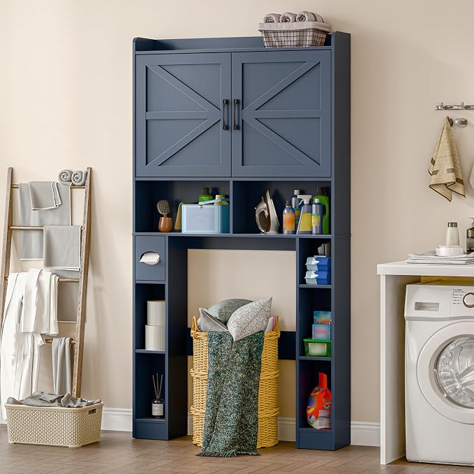 Vabches Over The Toilet Storage Cabinet with Barn Doors, Blue | Toilet Cabinet Rack, Space Saving Bathroom Organizer with Shelves, Toilet Paper Holder and Towel Rack for Bathroom,Laundry.