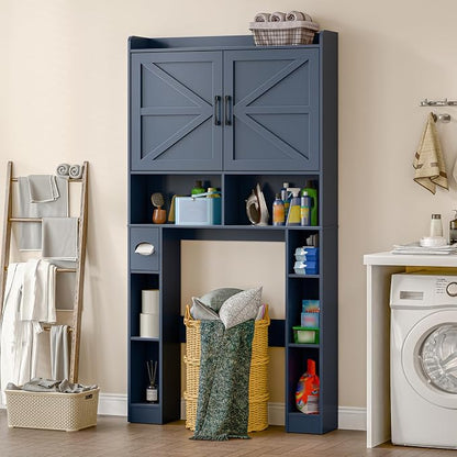 Vabches Over The Toilet Storage Cabinet with Barn Doors, Blue | Toilet Cabinet Rack, Space Saving Bathroom Organizer with Shelves, Toilet Paper Holder and Towel Rack for Bathroom,Laundry.