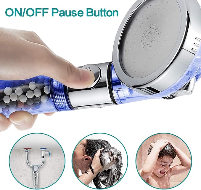 MIAOHUI Blue Zenbody Shower Head with Filter Beads, Shut Off Button | 3 Modes Handheld Filtered Showerhead with On Off Switch, Shower Wand+Hose+Adjustable Bracket+Self-adhesive Holder