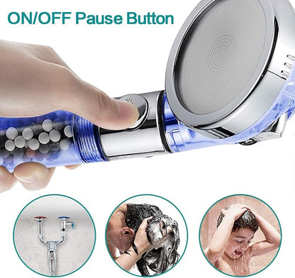 MIAOHUI Blue Zenbody Shower Head with Filter Beads, Shut Off Button | 3 Modes Handheld Filtered Showerhead with On Off Switch, Shower Wand+Hose+Adjustable Bracket+Self-adhesive Holder