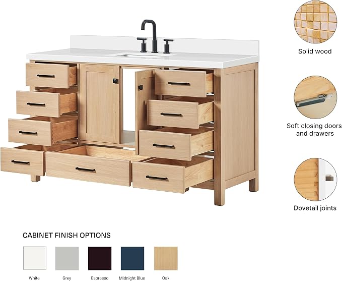 ARIEL Cambridge 60-inch Bathroom Vanity with Sink,Solid Wood, 1.5-inch Pure White Quartz Countertop, Single Rectangular Porcelain Sink, 2 Soft Closing Doors, 9 Dovetail Drawers, White Oak