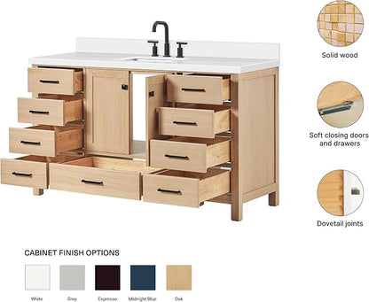 ARIEL Cambridge 60-inch Bathroom Vanity with Sink,Solid Wood, 1.5-inch Pure White Quartz Countertop, Single Rectangular Porcelain Sink, 2 Soft Closing Doors, 9 Dovetail Drawers, White Oak