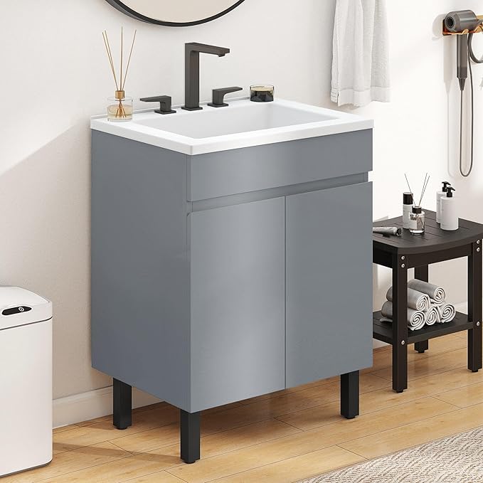 YITAHOME 24 Inch Bathroom Vanity with Sink, Bathroom Cabinet Vanity for Small Space, Freestanding Storage Bathroom Vanity with 2 Soft Closing Cabinets, Grey