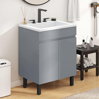 YITAHOME 24 Inch Bathroom Vanity with Sink, Bathroom Cabinet Vanity for Small Space, Freestanding Storage Bathroom Vanity with 2 Soft Closing Cabinets, Grey