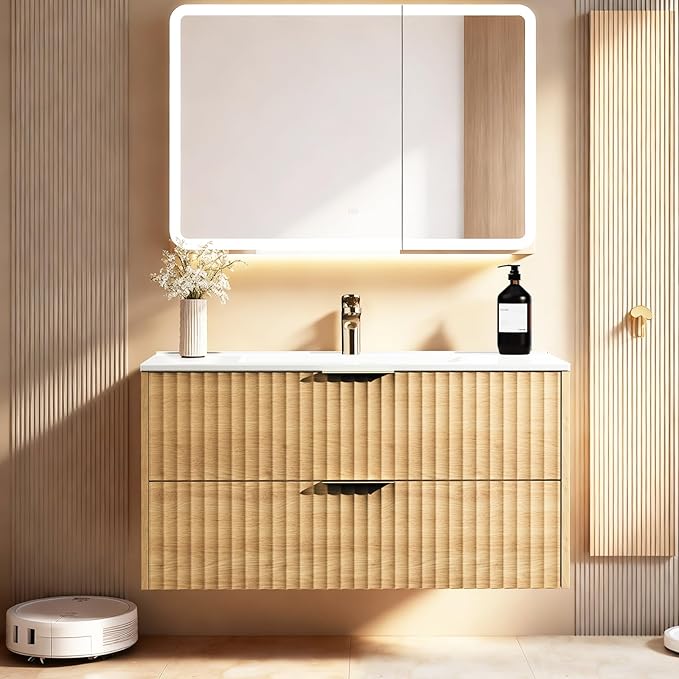 36 Inch Bathroom Vanity with Sink, Modern Floating Bathroom Vanity with Resin Sink, 2 Large Storage Darwers, Wood Grain Texture Wall Mounted Vanity, Gold Handles (36'')