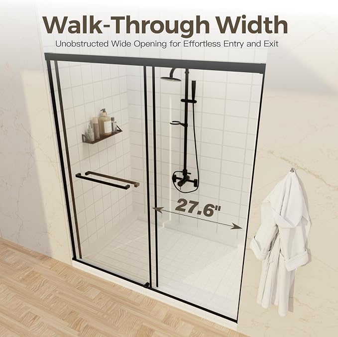 56-60" W x 72" H Semi-Frameless Double Sliding Shower Door | 1/4" SGCC Clear Tempered Glass with Explosion-Proof Film, Matte Black Bypass Walk-In Shower Door, Reversible