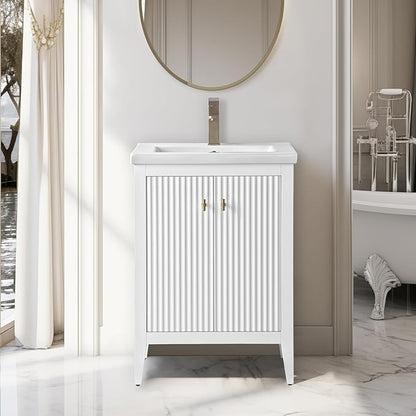 Vanity Art 24 inch Bathroom Vanity with Single Sink & Ceramic Top, Vanity Cabinet with Soft-Closing Door, Solid Wood Frame, Linear Pattern, White, Golden Brushed Handware VA9124-W-GB