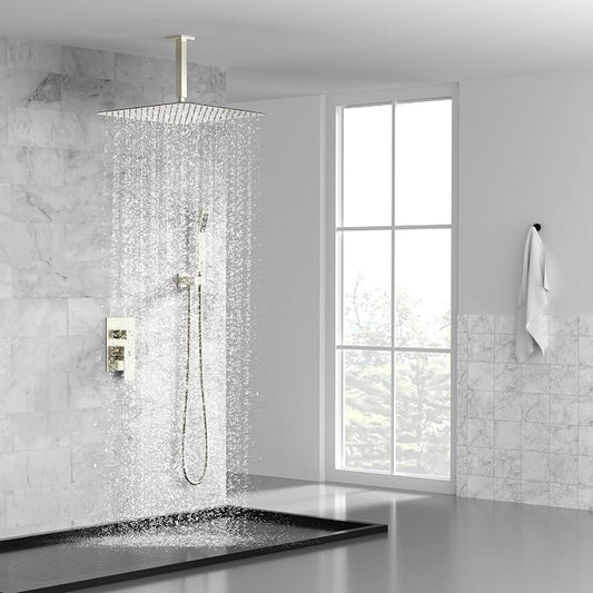 SR SUN RISE 16 Inches Brushed Nickel Shower System Bathroom Luxury Rain Mixer Shower Combo Set Ceiling Mounted Rainfall Shower Head Faucet (Contain Shower Faucet Rough-In Valve Body and Trim)