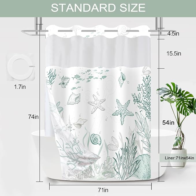 No Hook Shower Curtain and Liner Set, Green Beach Coastal 71x74 | Nautical Ocean for Bathroom, with Snap in Liner Replacement, Mesh Top Window, Waterproof, Machine Washable, Quick-Drying