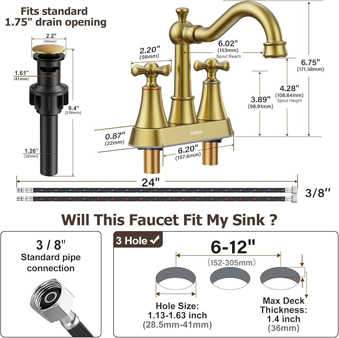 4-inch Centerset Brushed Gold Classical Bathroom Faucet, 2 Handles for 2 or 3 Hole Sink with 360° Swivel Spout, Pop Up Drain Assembly and Supply Hose for Vanity Sink Lavatory Faucet