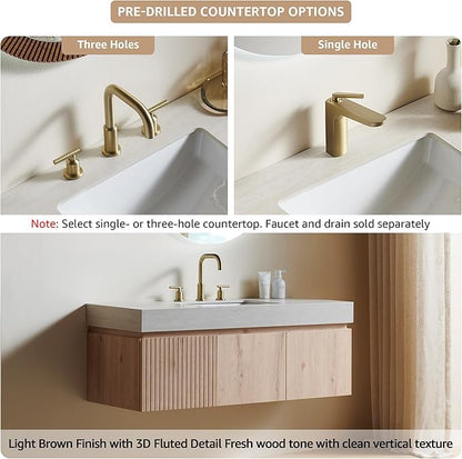 48” Floating Bathroom Vanity with Sink, Wall-Mounted Cabinet with Drawer & Doors, Roma Travertine-Pattern Countertop, Undermount Basin, 3 Faucet Hole, Soft-Close, Pre-Assembled, Light Oak